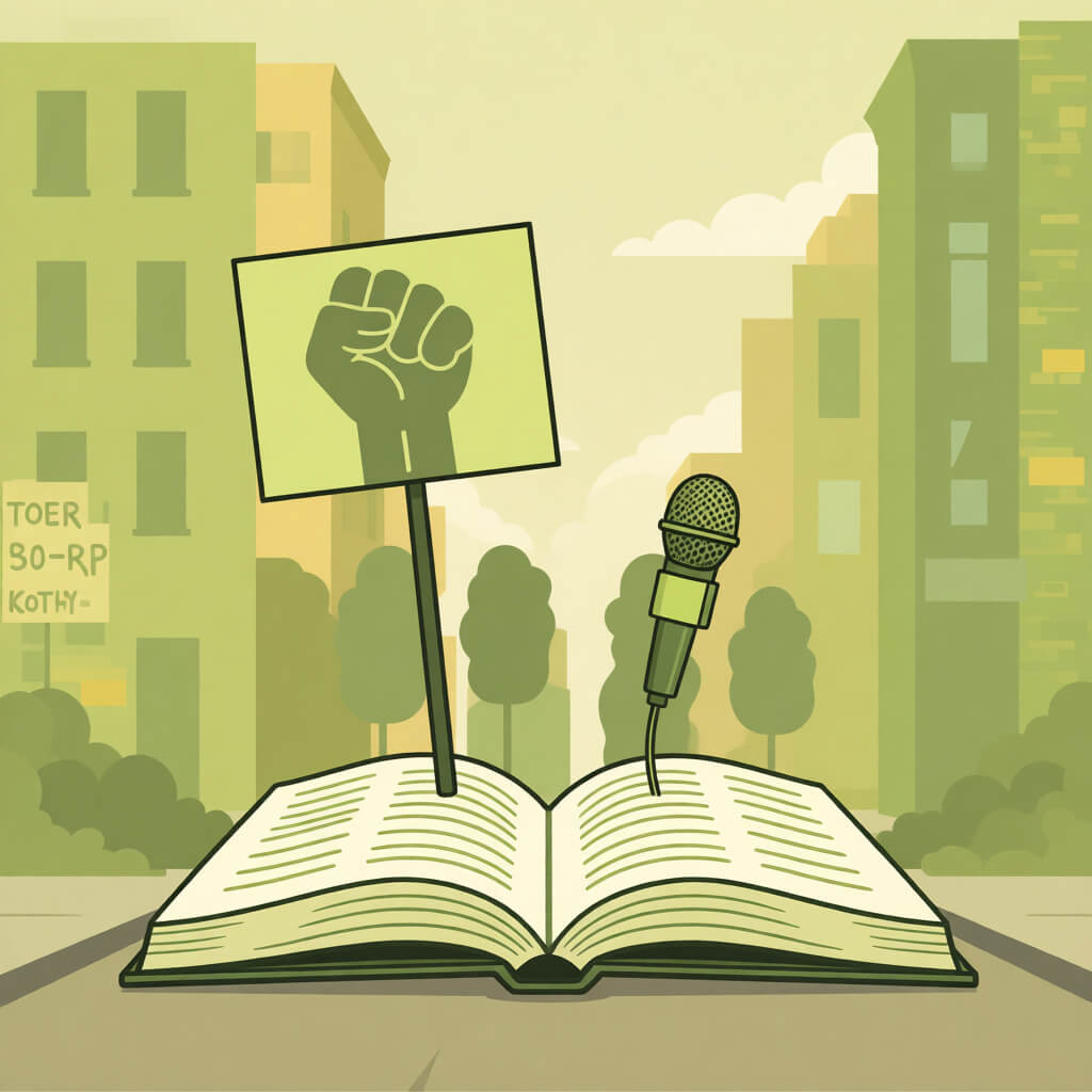 2025 vector illustration: open books transforming into protest signs and community radio mics, green and gold palette