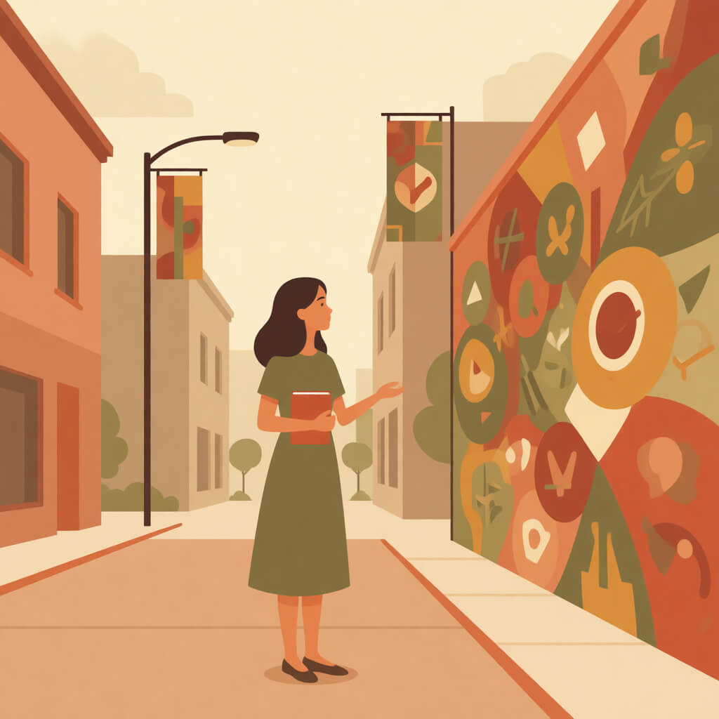 2025 symbolic illustration: a young girl in the South Bronx looking at community murals, books in hand, with protest signs faintly in background