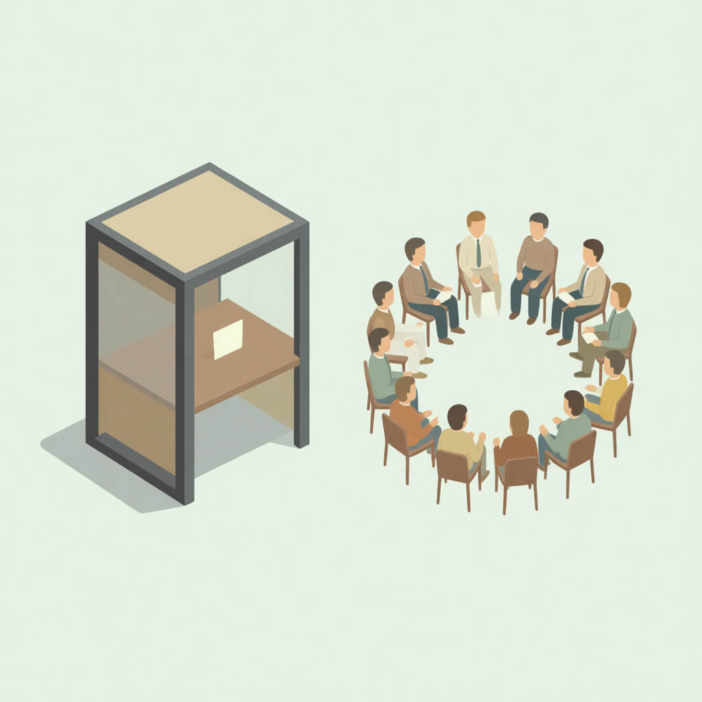 Abstract representation of civic engagement: voting booth morphing into community meeting circle, flat vector, muted earth tones