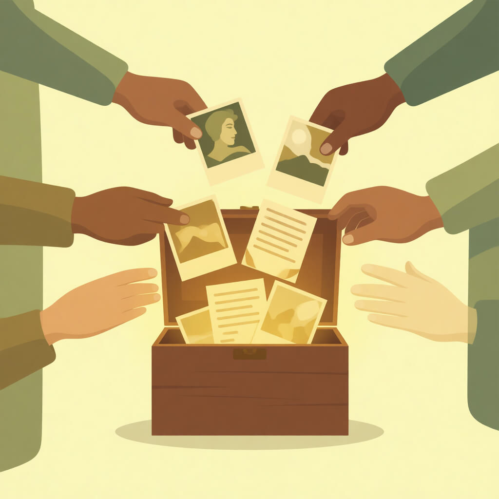 Vector art of a community archive: hands placing photos and documents into a shared box labeled 'Truth', warm browns and greens
