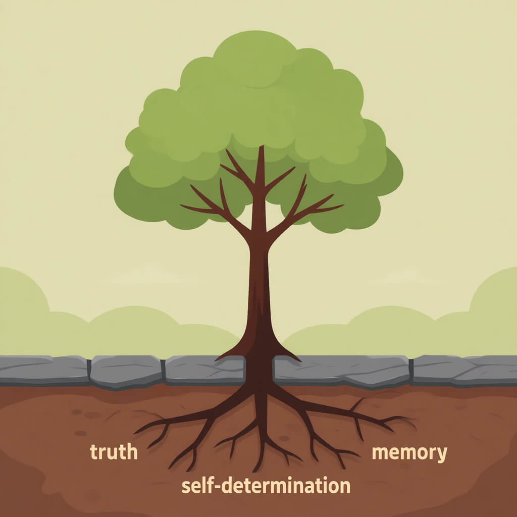 Modern 2025-style illustration of decolonization: a tree with roots labeled 'truth', 'memory', 'sovereignty', growing through cracked concrete