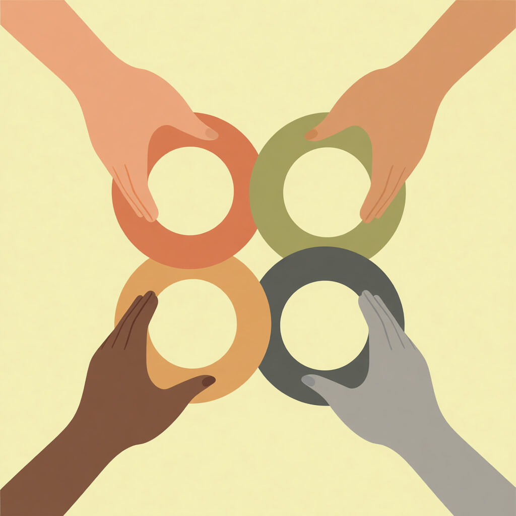 Abstract 2025 illustration of intersectionality: interlocking circles labeled 'race', 'gender', 'colonialism', 'class', with hands holding them together