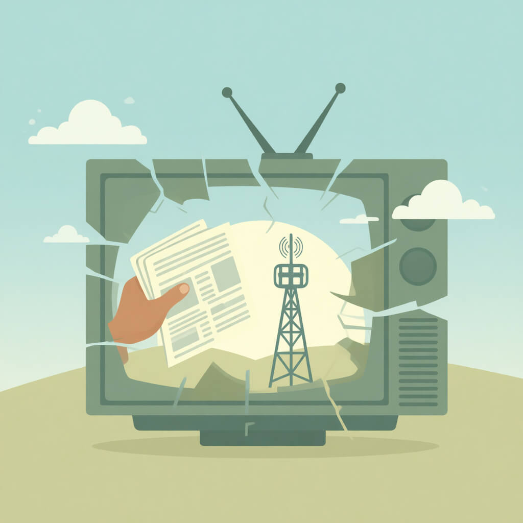 Symbolic image of media democracy: broken TV screen replaced by community newspaper and radio tower, sun rising in background