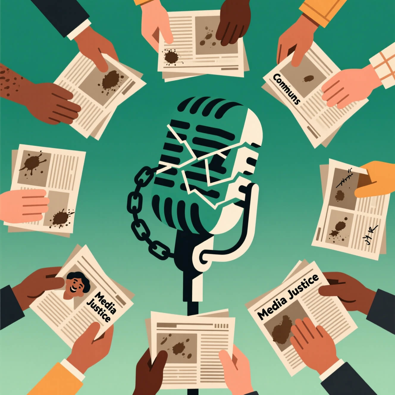 2025 abstract vector illustration representing media justice: broken chains forming a microphone, surrounded by diverse hands holding community newspapers