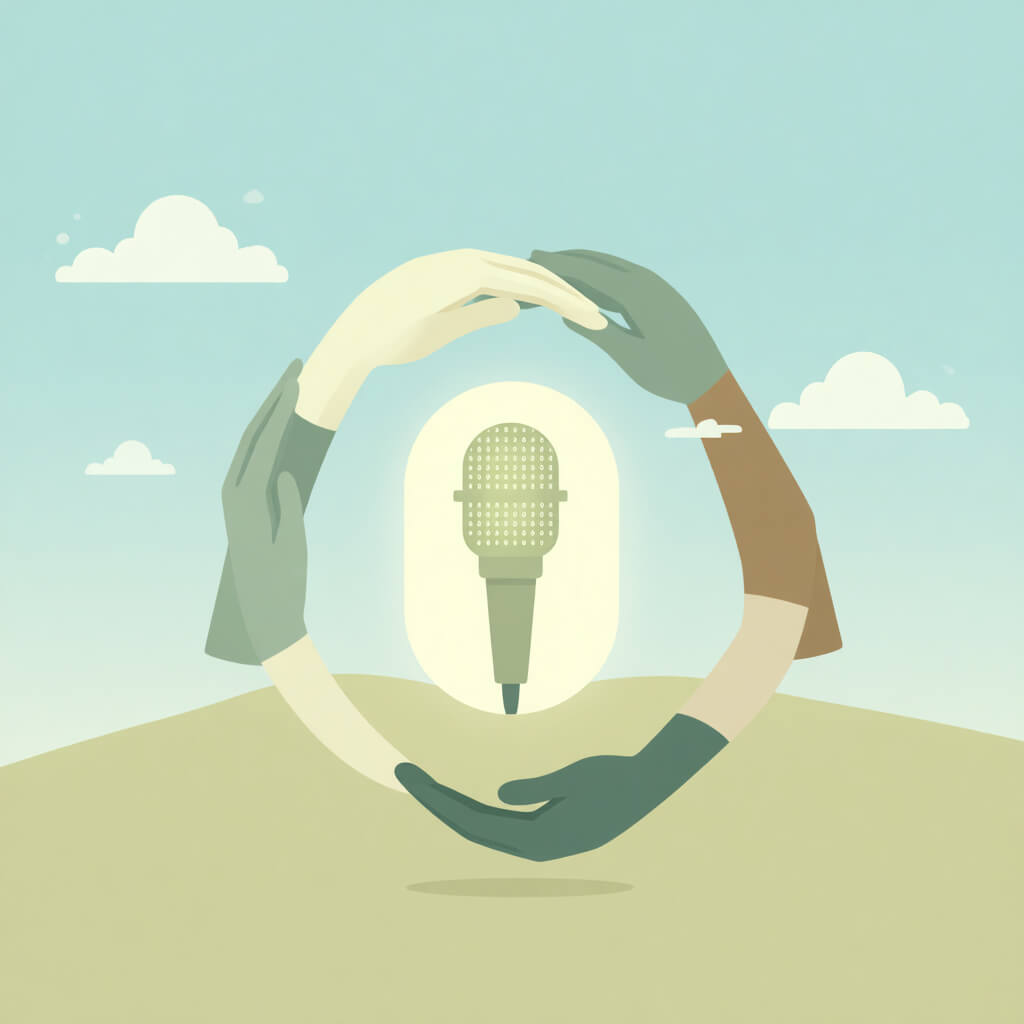 2025 symbolic illustration: diverse hands passing a glowing microphone, representing public dialogue and shared voice