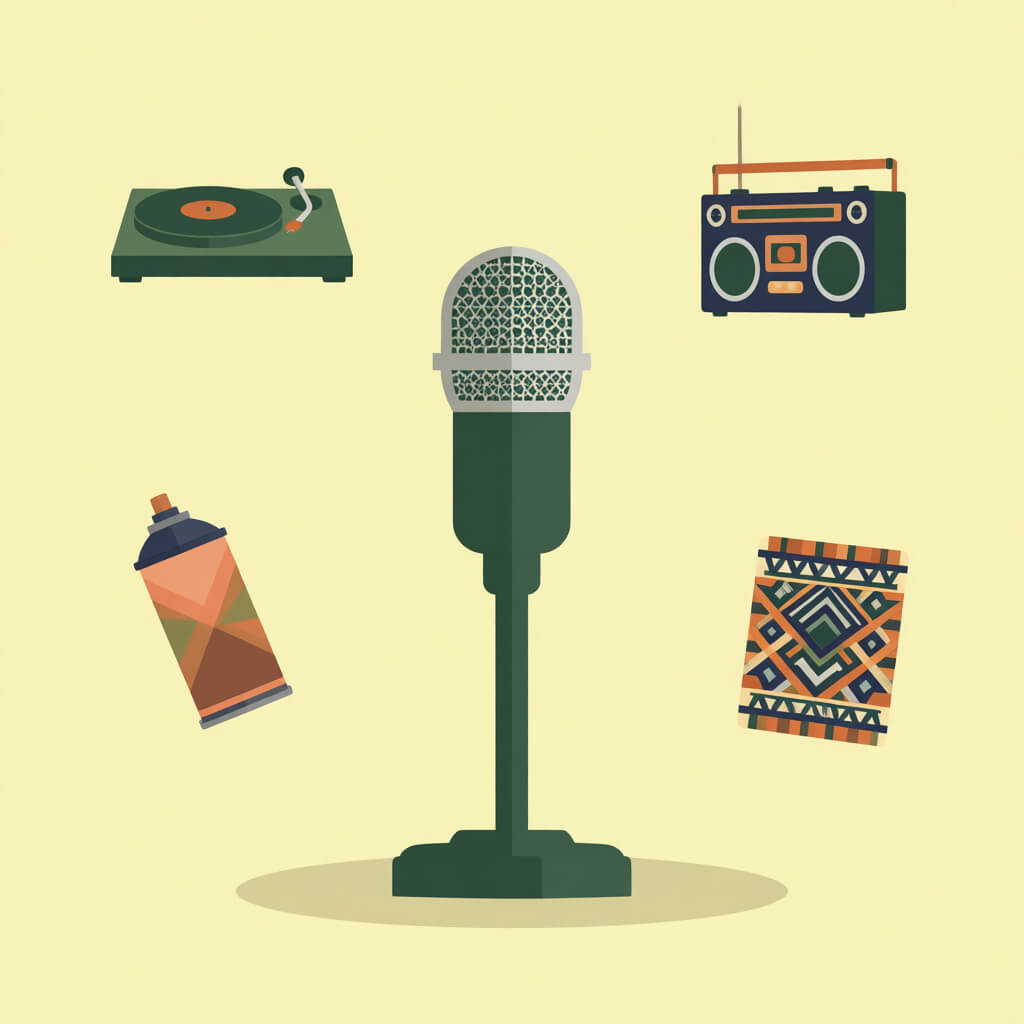 2025 modern illustration: a stage with a mic, surrounded by symbols of hip-hop, Indigenous patterns, and protest signs